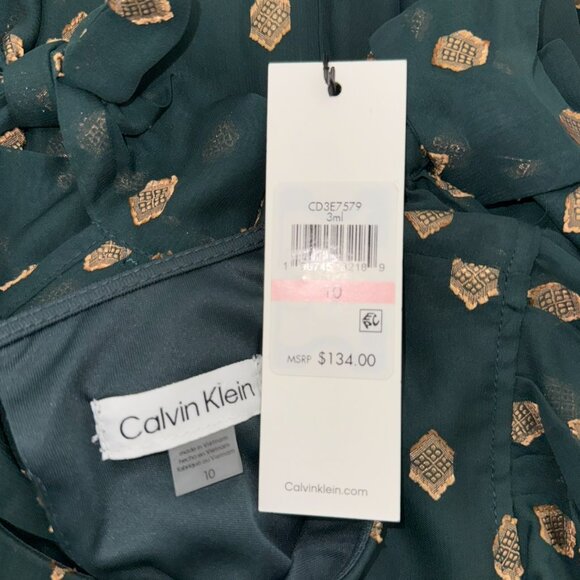 Calvin Klein Green & Metallic Gold Pattern Tie-Cuff Shift Dress Sz 10 NWT - Picture 12 of 13